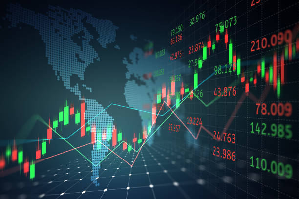 Digital stock market graph with global data analytics, ideal for a 30 days trading course visual.
